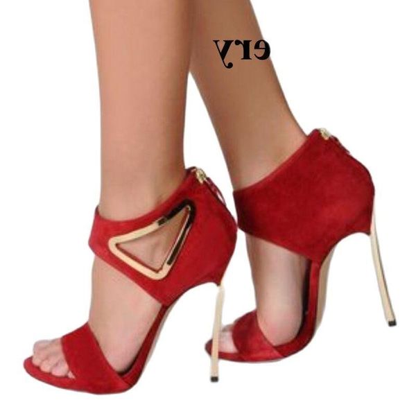 

sandals peep toe ankle flock metal decoration design black red suede cut wrap high heel gladiator