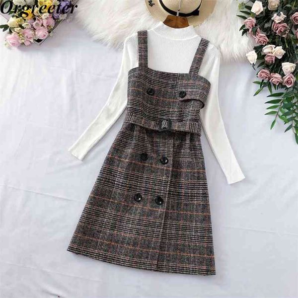 

autumn winter long sleeves knitted pullover + tweed blend plaid short dress 2 piece sets women outfits with belt 210602, Black;gray