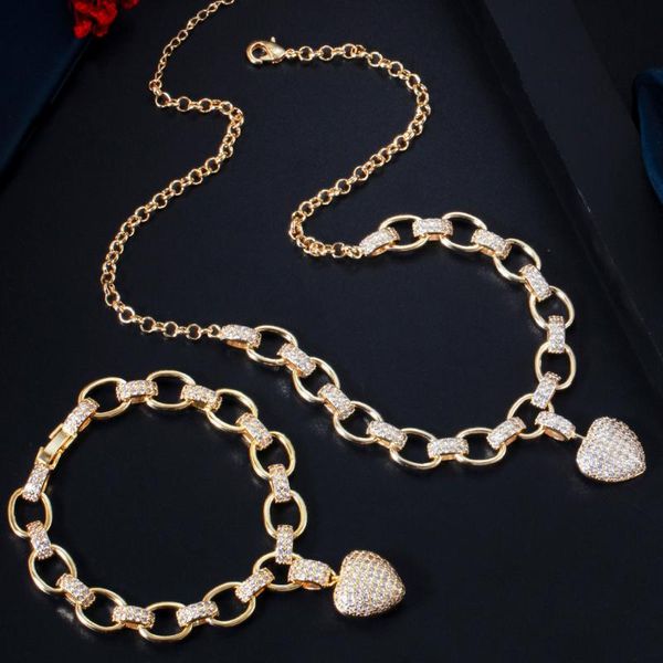 

earrings & necklace threegraces luxury cubic zirconia stone yellow gold color love heart pendant bracelet set for women party jewelry tz639, Silver
