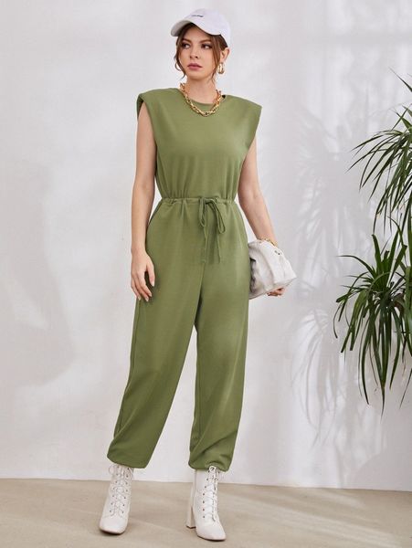 

drawstring waist shoulder pads jumpsuit l6xi#, White