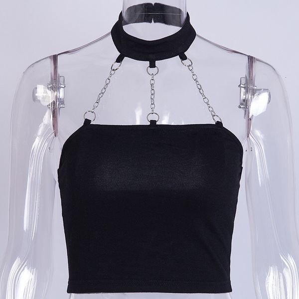 

women metal tank female halter neck chain punk crop vest shirts, White