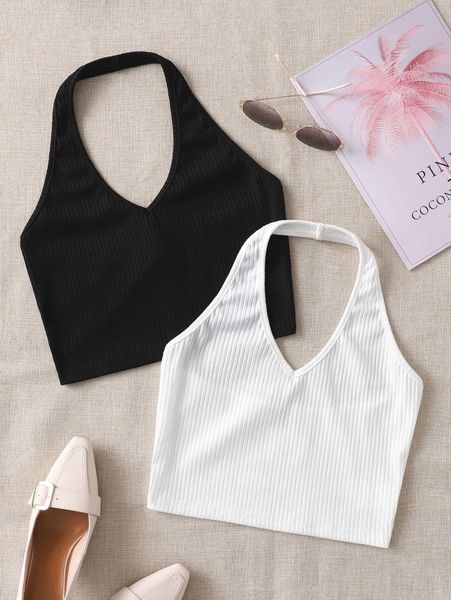 

2pcs ribbed knit halter x0c8#, White
