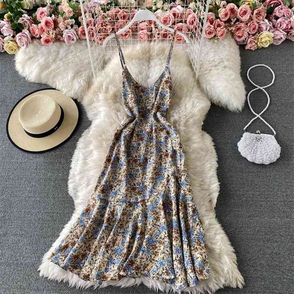 

the summer temperament waist was thin and large vestidos female v-neck floral sling halter chiffon midi dress c875 210506, Black;gray