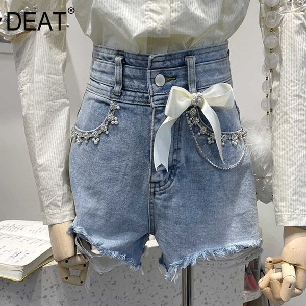 

[deat] summer fashion solid color high waist beading bow temperament elegant women denim shorts 13q297 210527, White;black