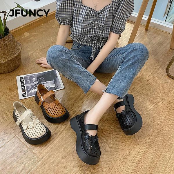 

dress shoes jfuncy women's sandals summer retro breathable flowers woman platform female footwear fashion british style women shoe, Black
