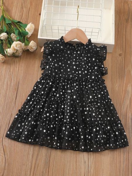 

baby star print stand neck ruffle hem dress she, Red;yellow