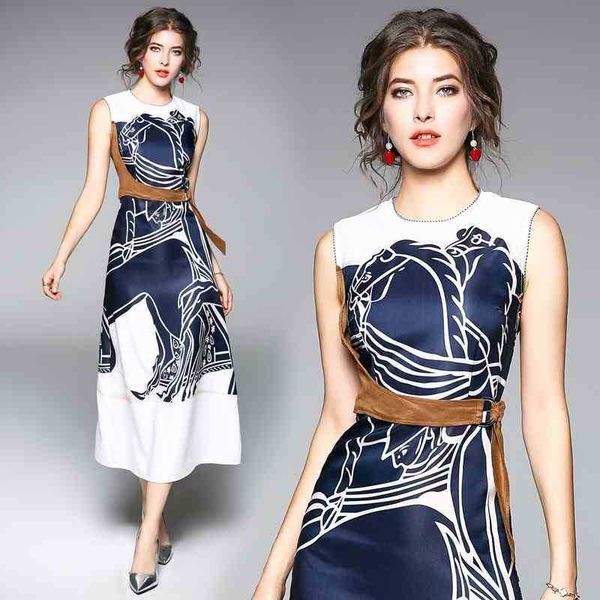 

orgreeter arrival summer dress runway designe o-neck slim blue print fashion belt long work wear casual es 210525, Black;gray