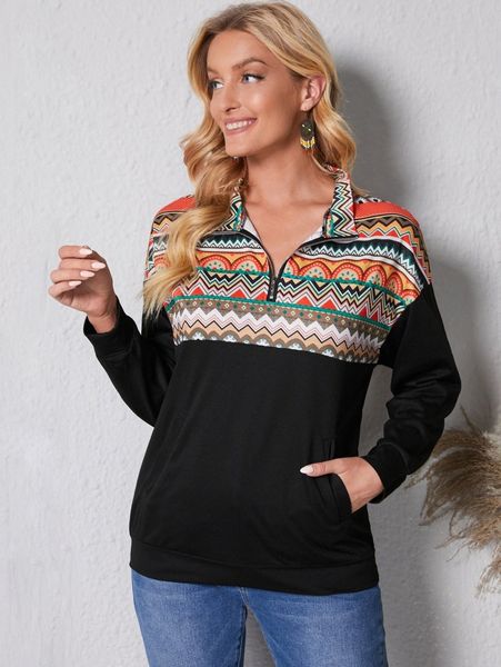 

emery rose chevron print quarter zip drop shoulder sweatshirt y7da#, White;black