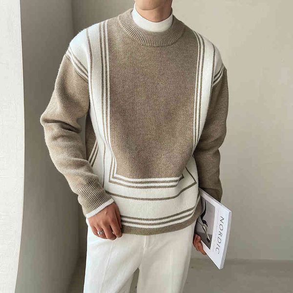 

men's loose round neck geometric pattern fashion with foreign style winter new coat knitted sweater, Black
