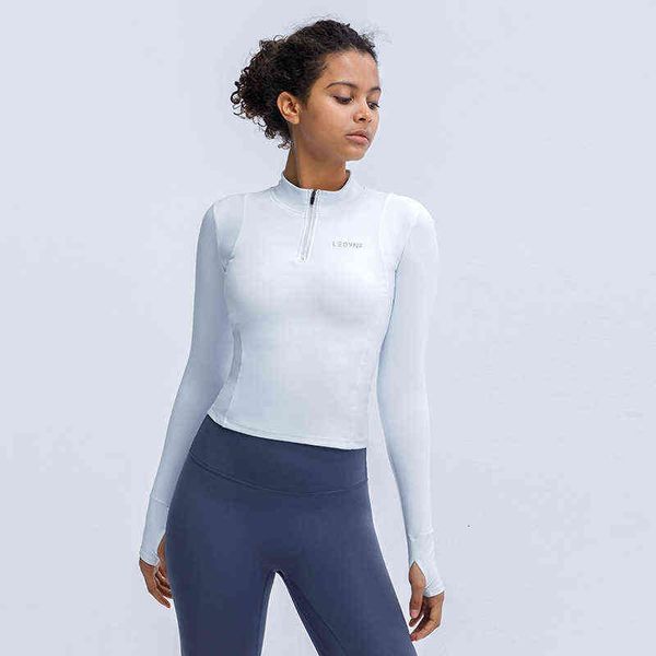 

women's t-shirt long sleeve yoga fitns autumn and winter half zipper running training sports with breast pad slim yoga suit, White