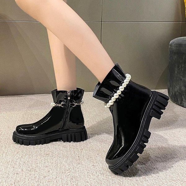 

boots women fashion pearl decoration waterproof snow winter falts shoes woman casual lightweight ankle botas platform keep warm, Black
