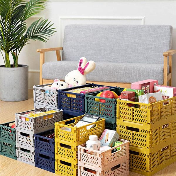 

storage baskets plastic folding deskcosmetic sundries organizer box stackable fruit food toys bin collapsible crate