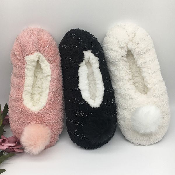 

women slippers with fur warm short plush house slippers woman soft winter floor socks for girls cute ball furry home shoes, Black
