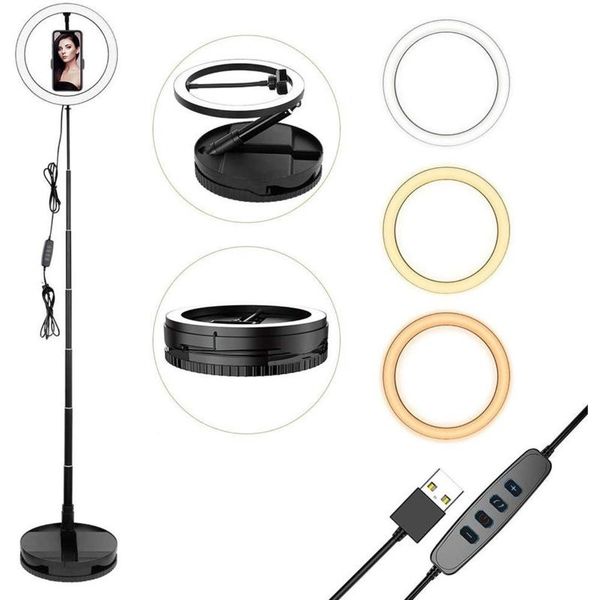 

10" selfie ring light easy setup portable folding dimmable fill with phone clip 3 modes 10 brightness level flash heads