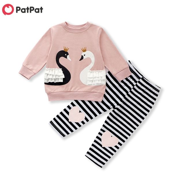 Frühling und Herbst Baby Soft Swan Print Langarm Top Gestreifte Hosen Sets Mädchen Kleidung 210528