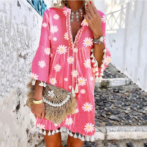 

casual dresses women autumn mini dress v neck 3/4 sleeve tassel floral daisy print lace up beach pink holiday sweet ladies pary, Black;gray