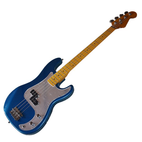 

4 strings blue electric bass guitar with mirror pickguard,yellow maple fretboard