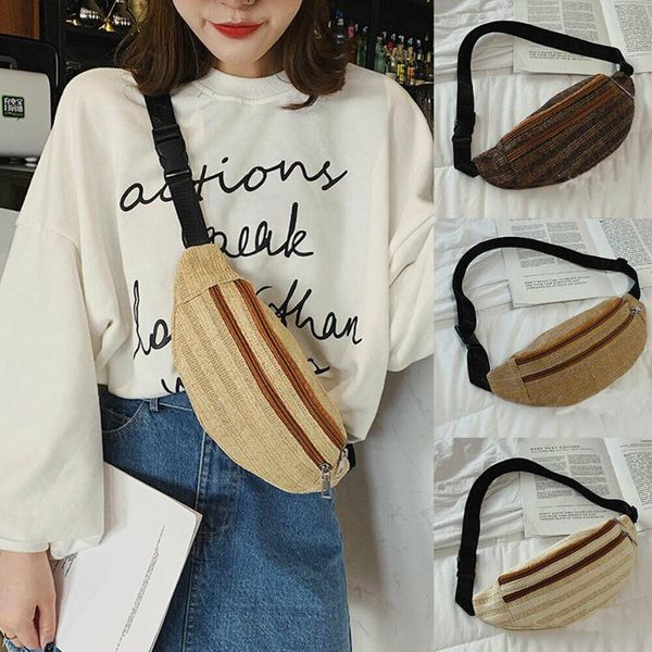 

women straw woven beach waist bag summer girls fanny pack chest bags hip purse