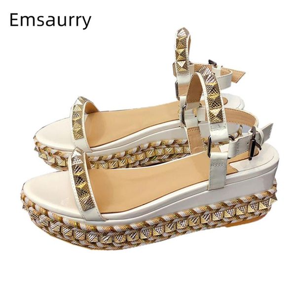 

sandals metal rivet decor wedges runway shoes woman ankle strap high platform genuine leather summer for girls women, Black