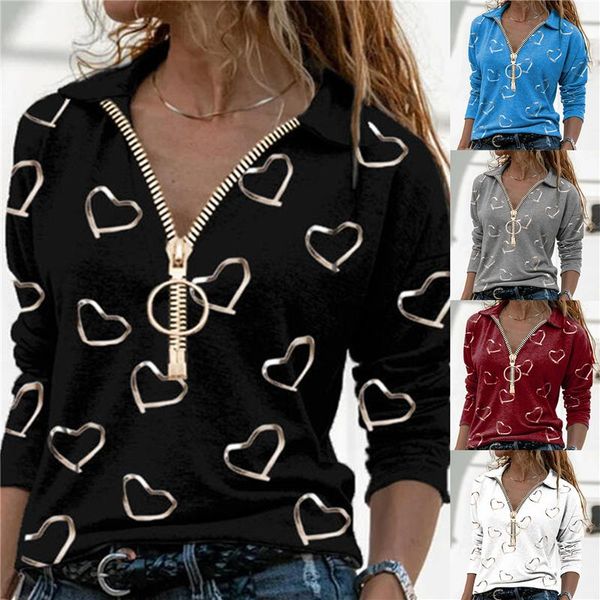 

women's blouses & shirts 2021 autumn spring women heart print casual zipper v neck shirt cotton long sleeve elegant ladies streetwear, White