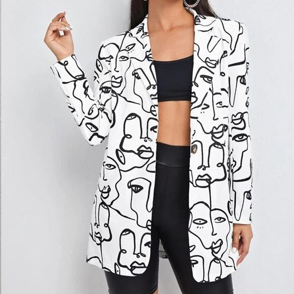 

women's suits & blazers vintage print single button loose blazer women jacket streetwear autumn plus size elegant office lady coat amer, White;black