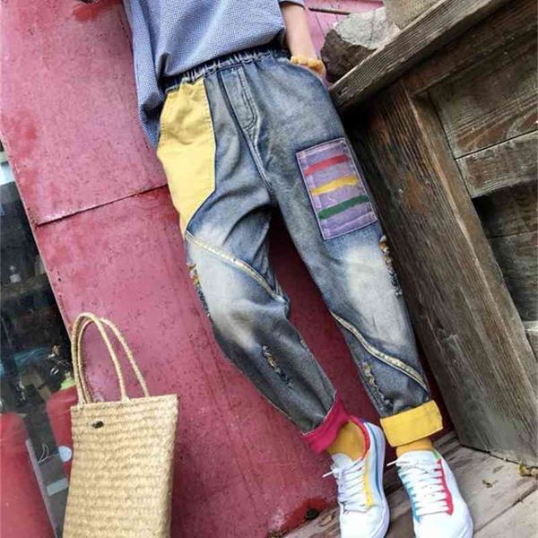 

women's jeans autumn women loose casual denim pants female elastic waist patchwork bleached hole pocket blended streetwear trousers dqy, Blue