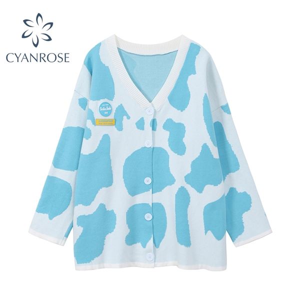 

blue sweet cow print cardigan knitted sweater women vintage v-neck long sleeve oversize harajuku female casual 210430, White