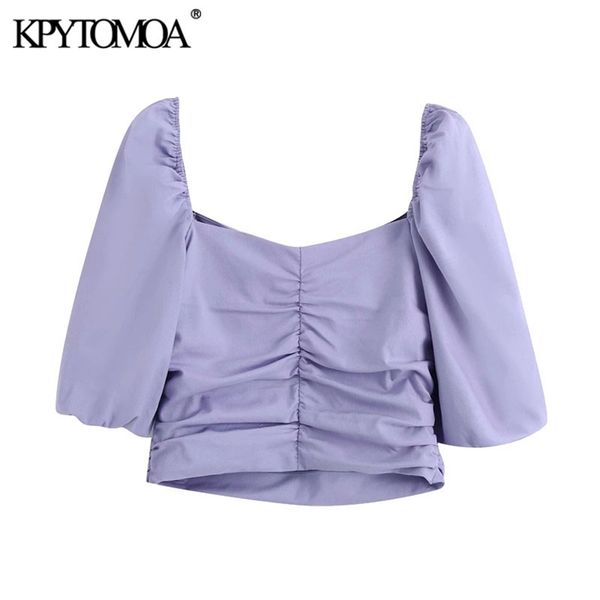 

women sweet fashion draped linen cropped blouses vintage puff sleeve side zipper female shirts blusas chic 210420, White