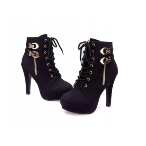 

boots plus size ankle women platform high heels female lace up shoes woman buckle short boot casual ladies footwear drop ship, Black