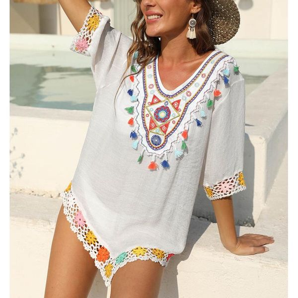 

beach cover-ups hand made crochet pareos tunic multicolor tassel women summer dress kaftan bikini cover up women's swimwear, White;black