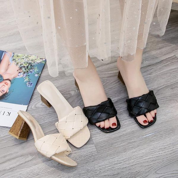 

high heeled slippers women summer 2021 woven fashion flip flops females open toe square heel ladies sandal causal lady shoes, Black