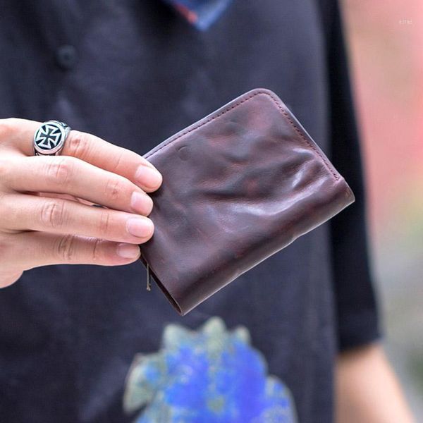

vintage handmade wallet, men's short leather ultra-thin lightweight mini zipper coin pocket wallets1, Red;black