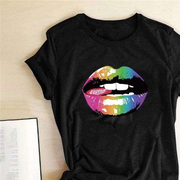 

women funny t shirt summer tees colored lips print painted cotton short sleeve round neck, White
