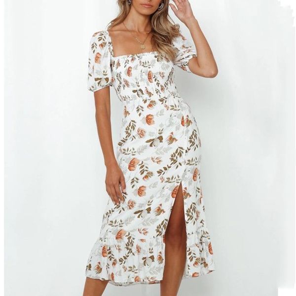 

leaf print white summer long dress women slit vintage maxi beach holiday dress puff sleeve new women clothing 210415, Black;gray
