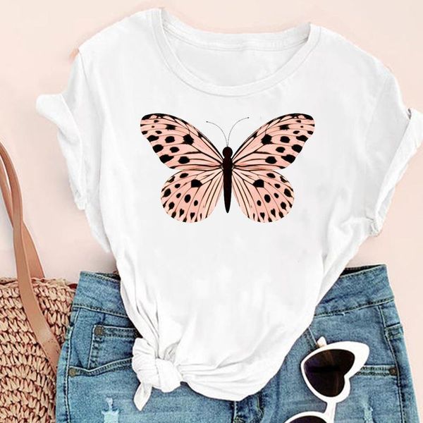 

women's t-shirt women cartoon butterfly aesthetic watercolor fashion print graphic summer short sleeve female clothes tees tshirt, White