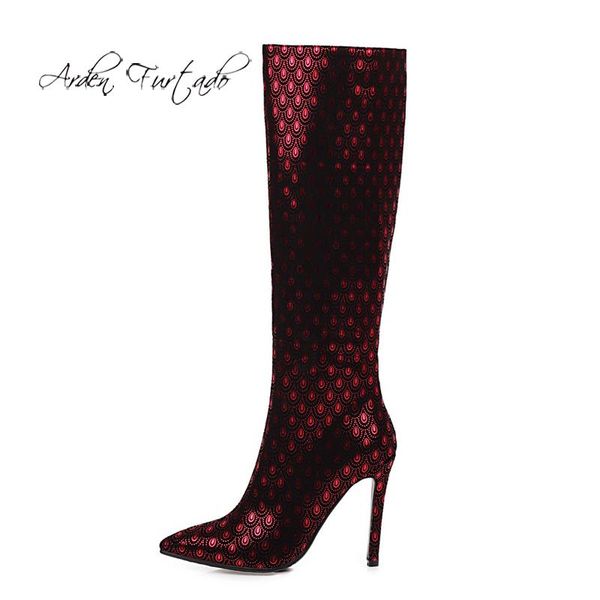 

boots arden furtado 2021 fashion winter pointed toe women's stilettos heels zipper knee high big size 47 48, Black