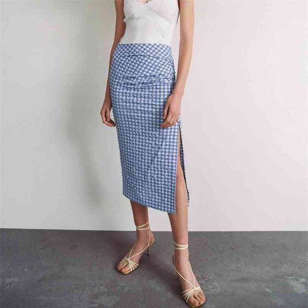 

summer women's casual plaid high waist pleated split skirt 210430, Black