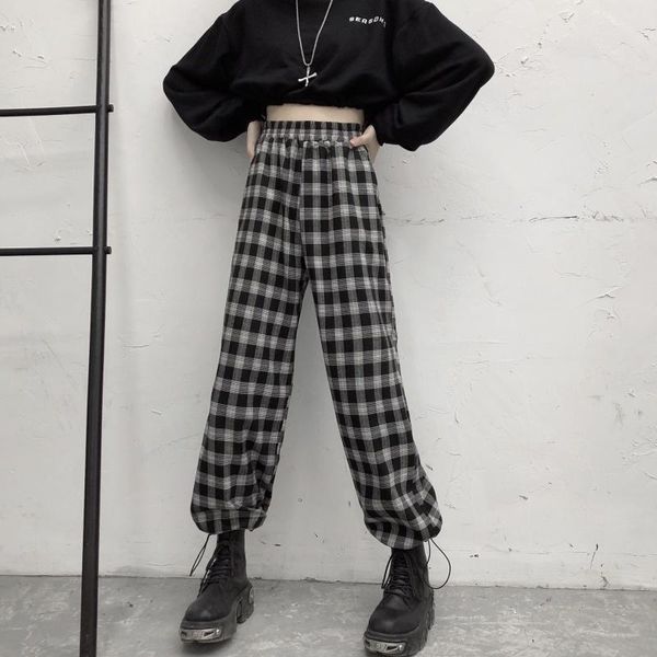 

women's pants & capris checked cloth cotton plaid wide leg for women spring and autumn, Black;white