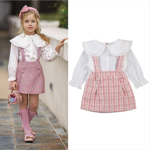 

1 7y kids baby girls princess dress autumn long sleeve doll collar shirts suspender skirts clothes sets, White