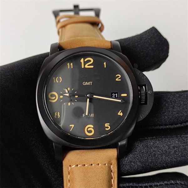 

wristwatches 44mm gmt watch men automatic movement mechanical stainless steel luminous leather strap date 441, Slivery;brown