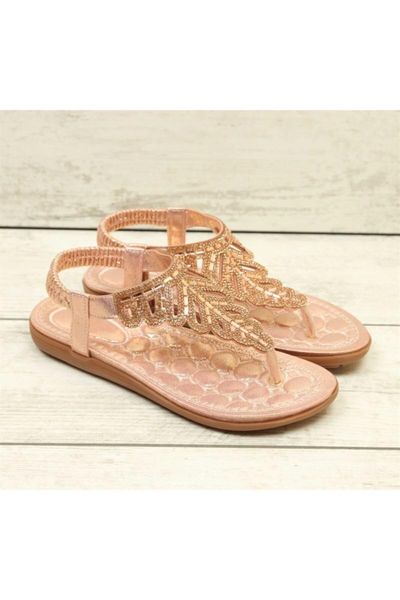 

2021/stone embroidered thong rose sandals, Black