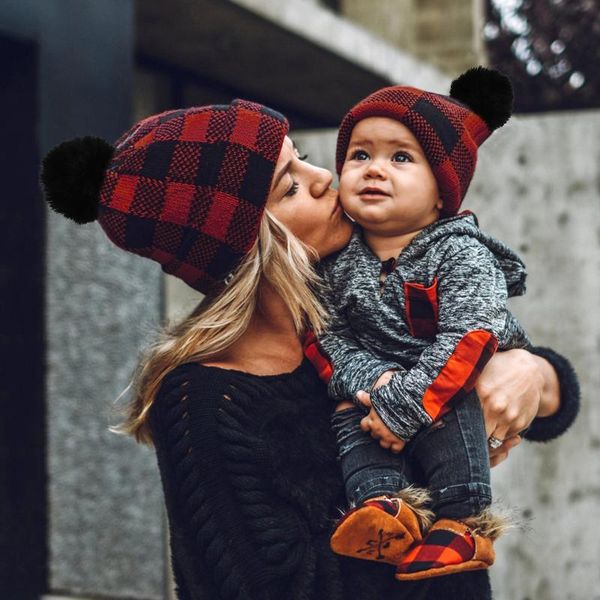

wide brim hats y25 couple parent-child fashion warm knitted plush ball lattice autumn and winter hat, Blue;gray
