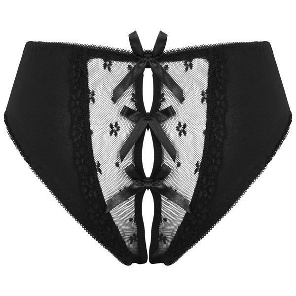

womens erotic lingerie crotchless briefs underwear see-through mesh patchwork panties back hollow out lace bowknot underpants, Black;white