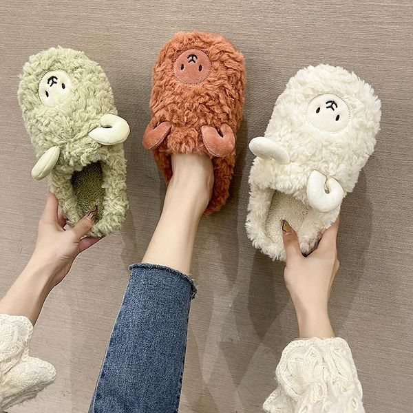 

slippers 2021 winter indoor cute cartoon sheep faux fur women plush flats soft furry ladies designer shoes slip-on female slides, Black