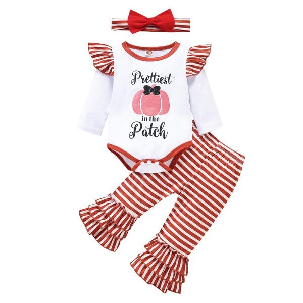 

clothing sets halloween costume for kids infant baby girls clothes letter pumpkin romper+striped pants+headband outfits, White