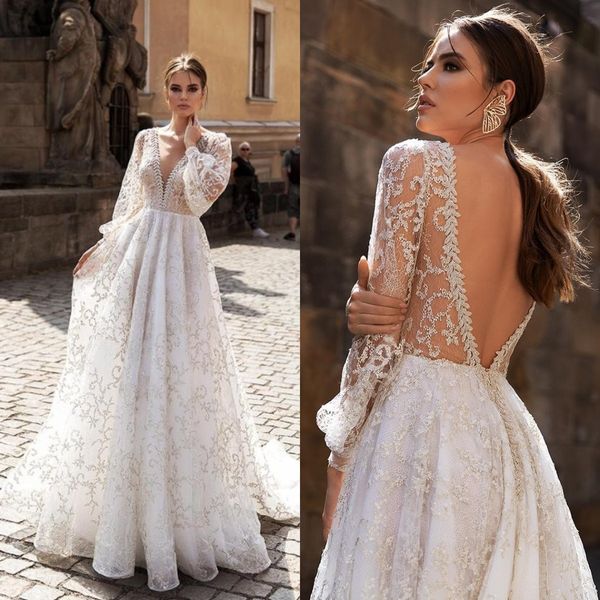 

bohemian 2022 a line wedding dresses lace applique long sleeve v neck bridal gowns beaded boho beach abiti da sposa, White