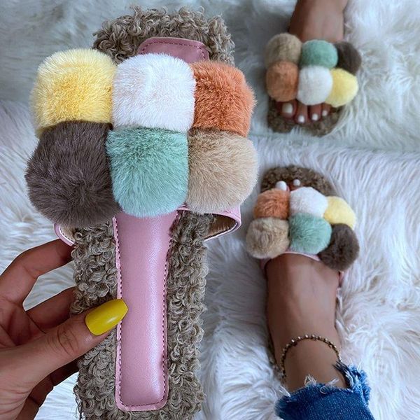 

women's shoes summer european and american home warm casual furry flat sandals slippers fashion, Black