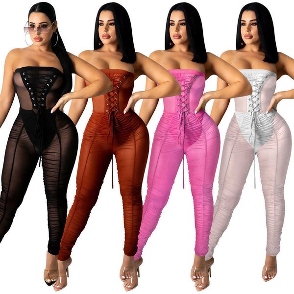 

woman jumpsuit solid strapless perspective jumpsuit for night club party middle waist bandage bodycon jumpsuit woman summer 210712, Black;white