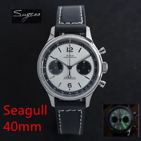 

men's seagull st1901 1963 watches 40mm mechanical chronograph watch for men sapphire waterproof luminous mens wristwatches, Slivery;brown