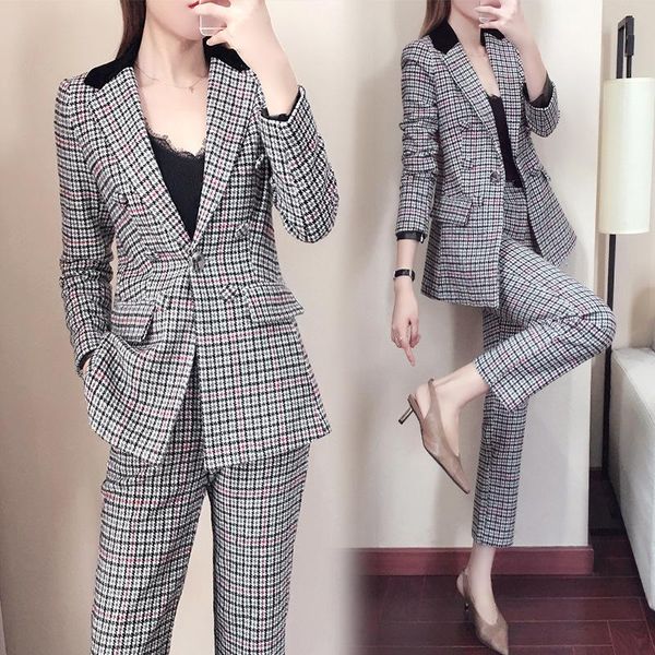 

womens two piece sets tweed set lattice outfit plus size korean version of temperament slim thin suit women's pants, White